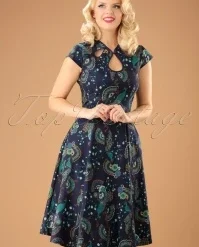 50s Proud Peacock Swing Dress In Midnight Blue