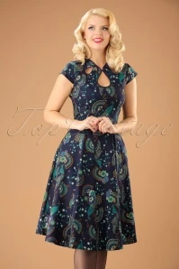 50s Proud Peacock Swing Dress In Midnight Blue