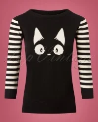 60s Debbie Cat Striped Sweater In Black