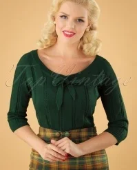 50s Belle Bow Pointelle Top In Forrest Green