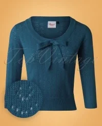 50s Pointelle Bow Top In Steal Blue