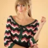 60s Zooey Zig Zag Bow Top In Green And Pink