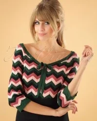60s Zooey Zig Zag Bow Top In Green And Pink