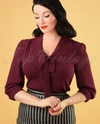 50s Perfect Bow Blouse In Burgundy