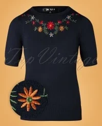 50s Julie Floral Top In Navy