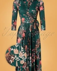 50s Colette Floral Swing Dress In Dark Green