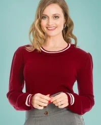 50s Frill Me Puff Sleeve Jumper In Burgundy