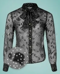 50s Rose Pussy Bow Blouse In Black