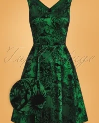Vixen 50s Deco Peacock Swing Dress In Dark Green