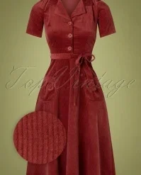 40s Midi Revers Dress In Corduroy Marsala