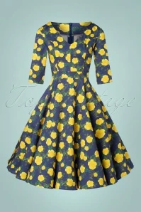 TopVintage Exclusive ~ 50s Olivia Roses Long Sleeve Swing Dress In Navy - Image 2