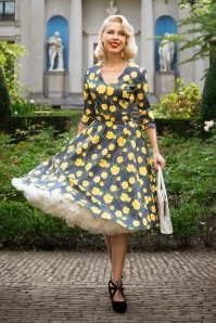 TopVintage Exclusive ~ 50s Olivia Roses Long Sleeve Swing Dress In Navy - Image 6