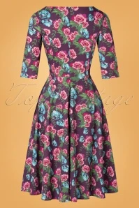 TopVintage Exclusive ~ 50s Adriana Floral Long Sleeve Swing Dress In Purple - Image 5