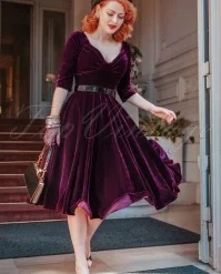 50s Marilyn Velvet Swing Dress In Burgundy