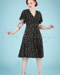 50s Sadie Polkadot Swing Dress In Black And Mocha