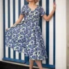Shana Pretty Roses Swing Dress In White And Blue