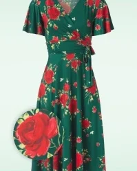 Irene Flower Cross Over Swing Dress In Silky Green