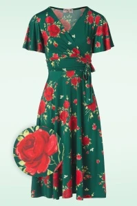 Irene Flower Cross Over Swing Dress In Silky Green