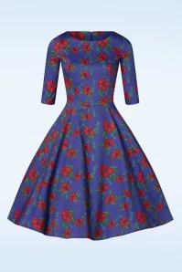Topvintage Exclusive ~ 50s Adriana Floral Long Sleeve Swing Dress In Dark Blue - Image 2
