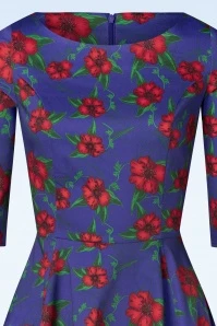 Topvintage Exclusive ~ 50s Adriana Floral Long Sleeve Swing Dress In Dark Blue - Image 5