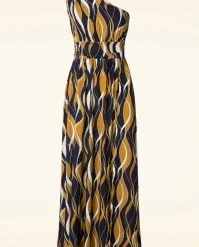 Maxime Wavy Maxi Dress In Navy Mustard