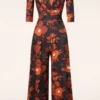 70s Liana Floral Jumpsuit In Black And Orange