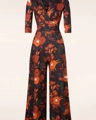 70s Liana Floral Jumpsuit In Black And Orange