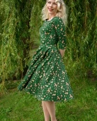 Topvintage Exclusive ~ Adriana Long Sleeve Swing Dress In Dark Green