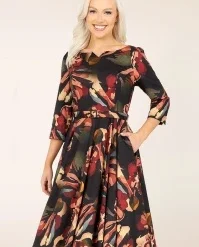 Orange Flowers Swing Dress In Black