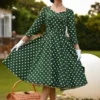 50s Olivia Swing Polkadot Dress In Green And White