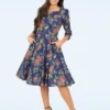 Olivia Flower Swing Dress In Blue