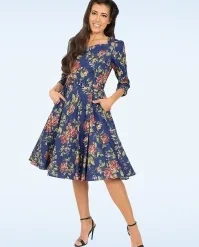 Olivia Flower Swing Dress In Blue