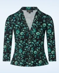 Anna Retro Birds Blouse In Black And Aqua