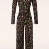 Diana Retro Birds Jumpsuit In Dark Blue And Brown