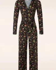 Diana Retro Birds Jumpsuit In Dark Blue And Brown