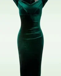 50s Lynn Velvet Pencil Dress In Bottle Green