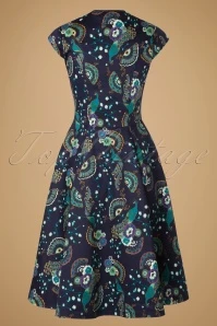 50s Proud Peacock Swing Dress In Midnight Blue - Image 5