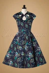 50s Proud Peacock Swing Dress In Midnight Blue - Image 3