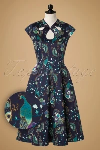 50s Proud Peacock Swing Dress In Midnight Blue - Image 2